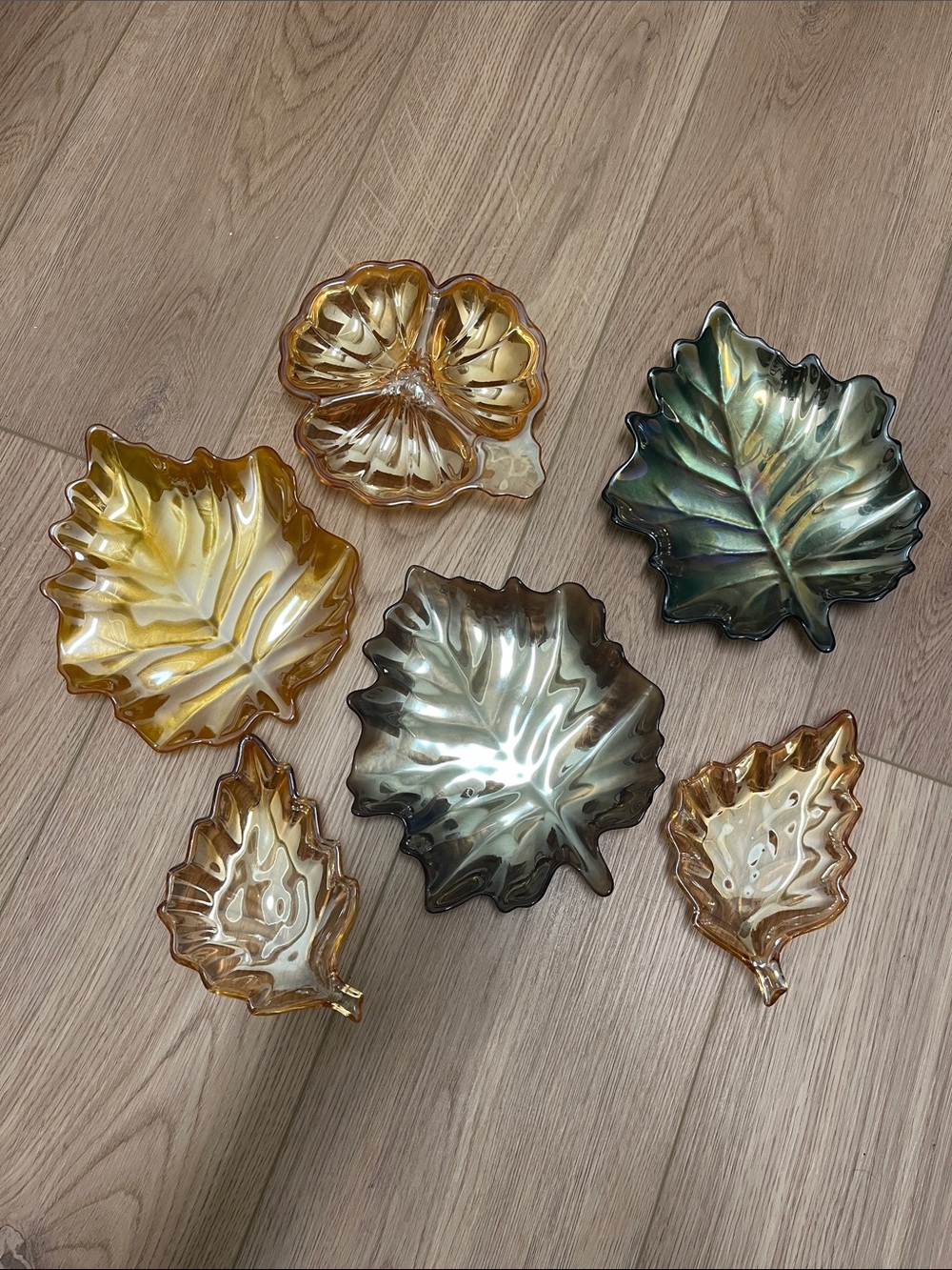 Lot of 6 - 3 Ackam Turkish and 3 Marigold Carnival Glass Leaf Shaped Plates